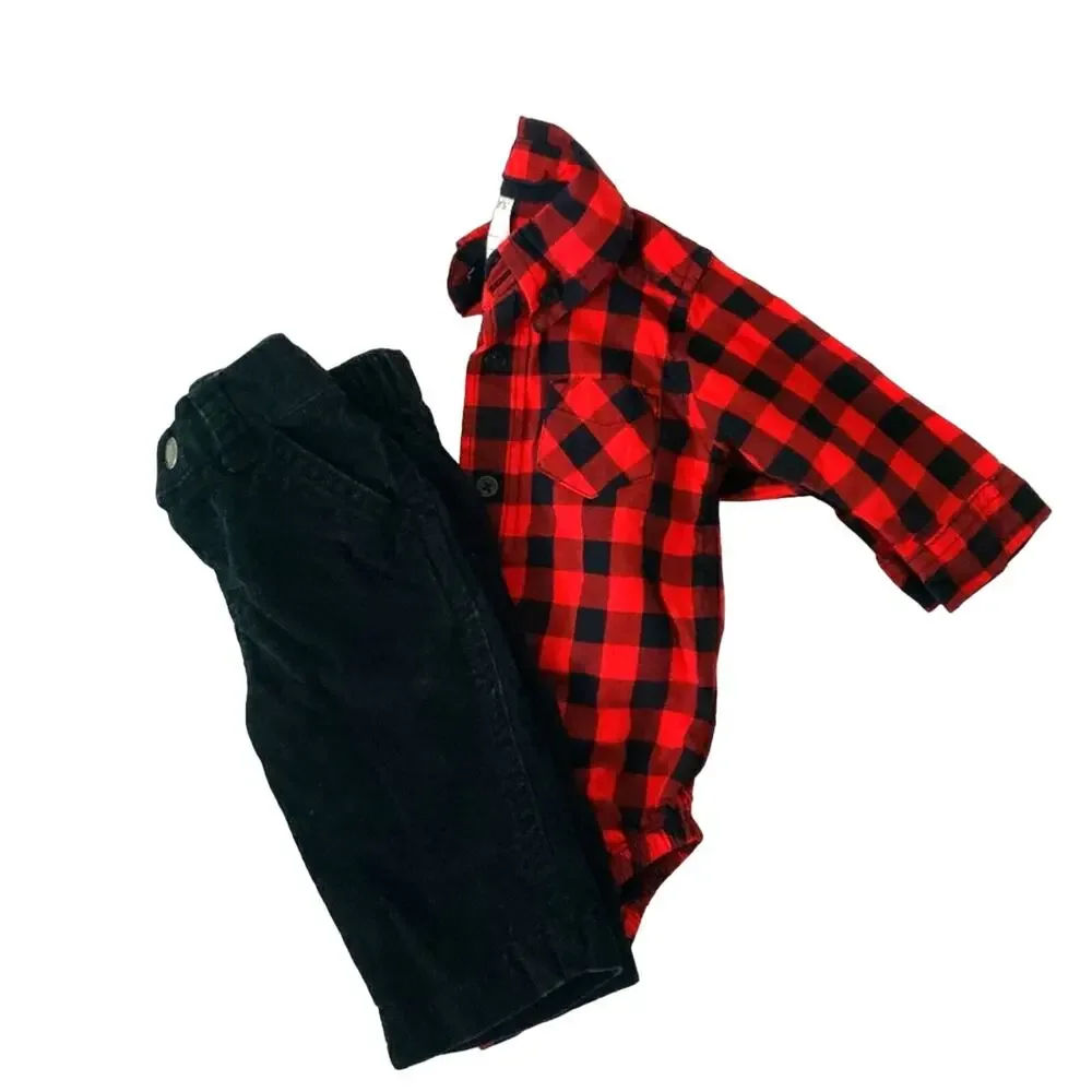 Boys' 3 months carter's casual outfit Plaid Poplin Button Down Shirt black pants